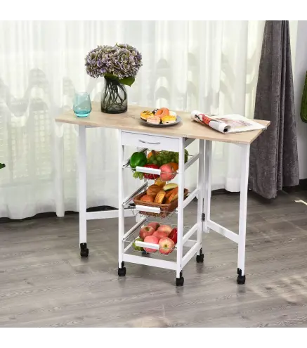 Carrito Auxiliar Plegable Carrito de Cocina con 6 Ruedas 1 Cajón y 3 Cesta de Metal 97,2x37x77,5 cm Blanco y Roble