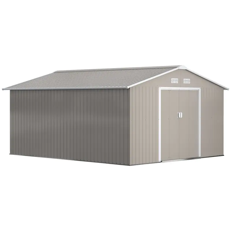 Cobertizo de Jardín 12,4 m² 340x386x200 cm con 2 Puertas Corredizas Base Refuerzo (Suelo NO Incluido) Gris Claro Cobertizo de Jardín 12,4 m² 340x386x200 cm con 2 Puertas Corredizas Base Refuerzo (Suelo NO Incluido) Gris Claro