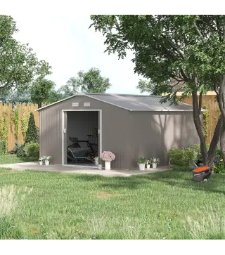 Cobertizo de Jardín 12,4 m² 340x386x200 cm con 2 Puertas Corredizas Base Refuerzo (Suelo NO Incluido) Gris Claro