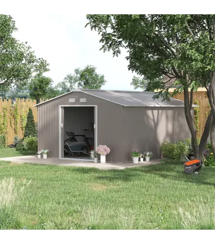 Cobertizo de Jardín 12,4 m² 340x386x200 cm con 2 Puertas Corredizas Base Refuerzo (Suelo NO Incluido) Gris Claro