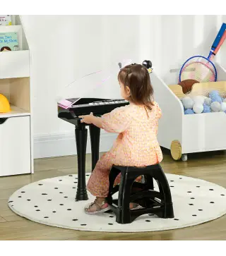 Juego de Piano Infantil de 32 Teclas con Micrófono Taburete Luces 22 Canciones y 4 Sonidos 37x30,5x60,4 cm Negro