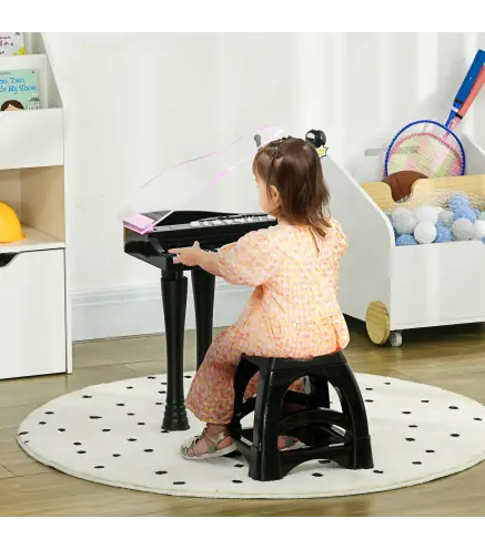 Juego de Piano Infantil de 32 Teclas con Micrófono Taburete Luces 22 Canciones y 4 Sonidos 37x30,5x60,4 cm Negro