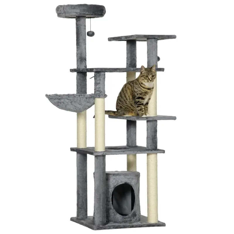 Torre para Gatos Grande de 144 cm con Postes para Rascar Cama Cueva Plataformas y Bolas Colgantes 49x49x144 cm Gris