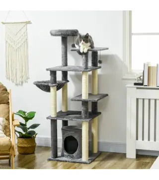 Torre para Gatos Grande de 144 cm con Postes para Rascar Cama Cueva Plataformas y Bolas Colgantes 49x49x144 cm Gris