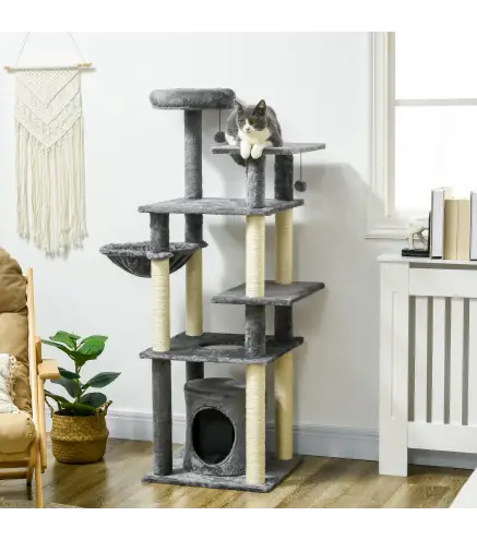 Torre para Gatos Grande de 144 cm con Postes para Rascar Cama Cueva Plataformas y Bolas Colgantes 49x49x144 cm Gris