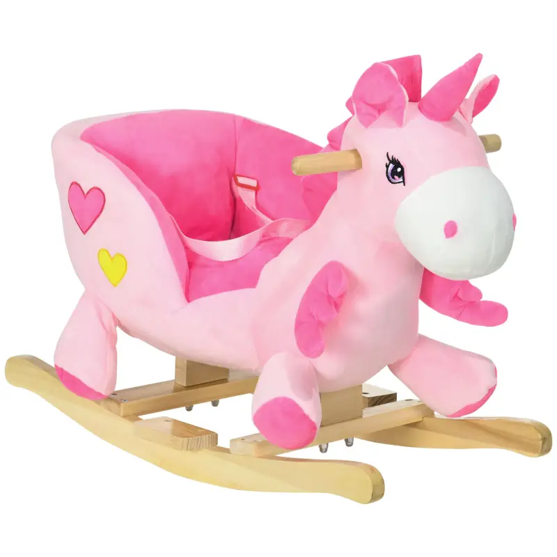 Caballito Balancín Infantil en Forma de Unicornio con Música Cinturón de Seguridad Manillar y Reposapiés 65x35x45cm Rosa