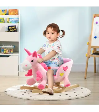 Caballito Balancín Infantil en Forma de Unicornio con Música Cinturón de Seguridad Manillar y Reposapiés 65x35x45cm Rosa