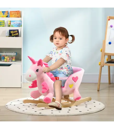 Caballito Balancin Infantil en Forma de Unicornio con Musica Cinturon de Seguridad Manillar y Reposapies 65x35x45cm Rosa