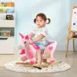 Caballito Balancín Infantil en Forma de Unicornio con Música Cinturón de Seguridad Manillar y Reposapiés 65x35x45cm Rosa