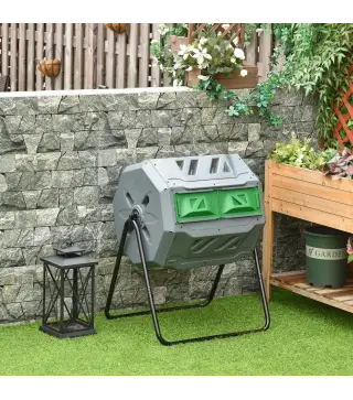 Compostador de Tambor Giratorio con Capacidad 160 Litros de Doble Cámara y Ventilación Marco de Acero 71x65x96cm Gris