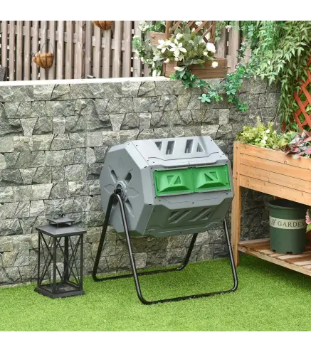 Compostador de Tambor Giratorio con Capacidad 160 Litros de Doble Cámara y Ventilación Marco de Acero 71x65x96cm Gris
