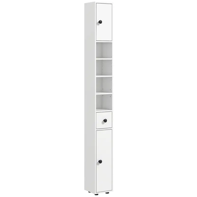 Mueble Auxiliar Baño Moderno con 1 Cajón 5 Estantes y 2 Armarios para Salón Dormitorio Carga 30 kg 20x20x180 cm Blanco Mueble Auxiliar Baño Moderno con 1 Cajón 5 Estantes y 2 Armarios para Salón Dormitorio Carga 30 kg 20x20x180 cm Blanco