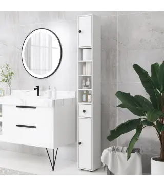 Mueble Auxiliar Baño Moderno con 1 Cajón 5 Estantes y 2 Armarios para Salón Dormitorio Carga 30 kg 20x20x180 cm Blanco