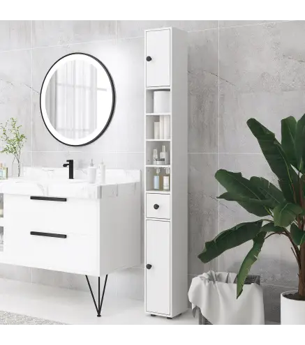 Mueble Auxiliar Baño Moderno con 1 Cajón 5 Estantes y 2 Armarios para Salón Dormitorio Carga 30 kg 20x20x180 cm Blanco