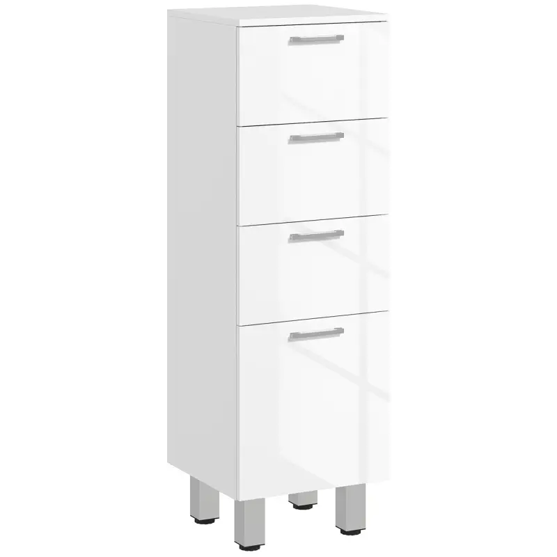 Mueble Auxiliar Baño Moderno Armario de Baño con 4 Cajones y 4 Patas para Salón Carga 30 kg 30x30x93cm Blanco Brillante