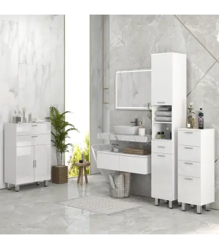 Mueble Auxiliar Baño Moderno Armario de Baño con 4 Cajones y 4 Patas para Salón Carga 30 kg 30x30x93cm Blanco Brillante