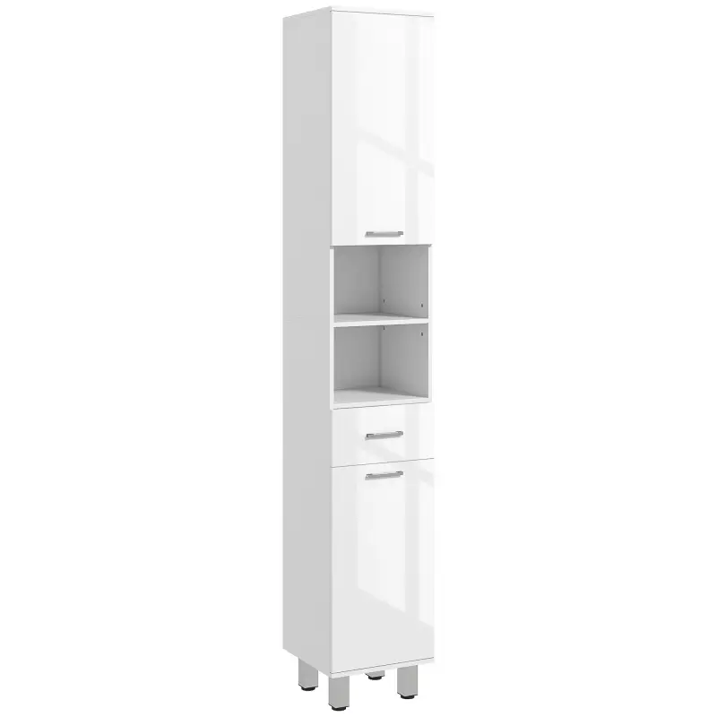Mueble Auxiliar Baño Moderno Armario de Baño con 1 Cajón 3 Estantes Ajustables y 2 Armarios 30x30x180cm Blanco Brillante