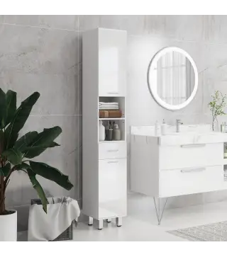 Mueble Auxiliar Baño Moderno Armario de Baño con 1 Cajón 3 Estantes Ajustables y 2 Armarios 30x30x180cm Blanco Brillante