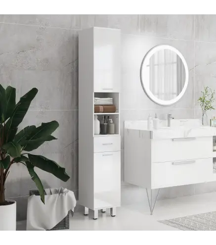 Mueble Auxiliar Baño Moderno Armario de Baño con 1 Cajón 3 Estantes Ajustables y 2 Armarios 30x30x180cm Blanco Brillante
