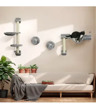 Juego de Escalada para Gatos de Pared 4 Piezas con Hamaca Bola Plataformas 84,5x19x54 cm Gris y Beige