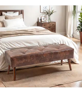 Banco de Pie de Cama Banqueta de dormitorio con Patas de Madera y Asiento Acolchado 114x38x42 cm Marrón