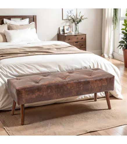 Banco de Pie de Cama Banqueta de dormitorio con Patas de Madera y Asiento Acolchado 114x38x42 cm Marrón