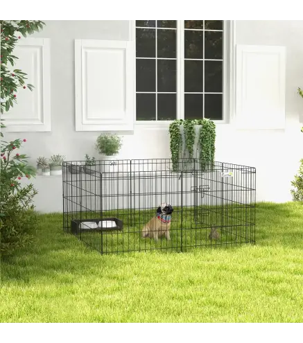 Parque de Juegos para Perros 8 Paneles 61x61 cm Jaula Metálica para Mascotas con Puerta y Doble Cerradura Negro