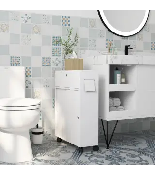 Armario de Baño Mueble Auxiliar con 4 Ruedas 2 Agujeros para Papel 2 Armarios y Estantes Ajustables 52x17x67 cm Blanco