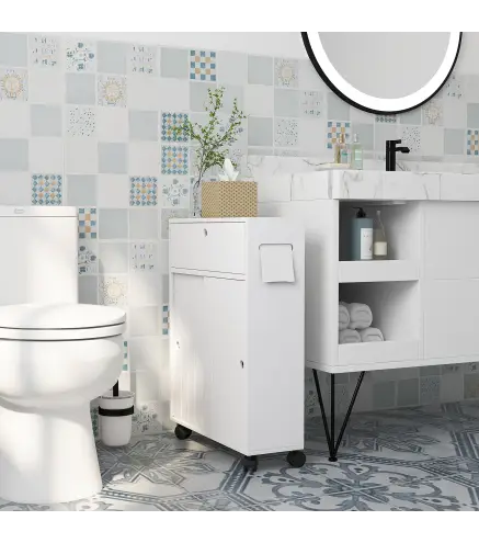 Armario de Baño Mueble Auxiliar con 4 Ruedas 2 Agujeros para Papel 2 Armarios y Estantes Ajustables 52x17x67 cm Blanco