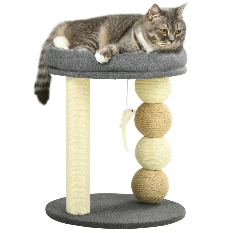Árbol Rascador para Gatos Pequeño Torre para Gatos con Nido 4 Bolas y Poste de Sisal Carga 15 kg Ø40x48 cm Gris y Beige