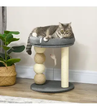 Árbol Rascador para Gatos Pequeño Torre para Gatos con Nido 4 Bolas y Poste de Sisal Carga 15 kg Ø40x48 cm Gris y Beige