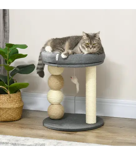 Árbol Rascador para Gatos Pequeño Torre para Gatos con Nido 4 Bolas y Poste de Sisal Carga 15 kg Ø40x48 cm Gris y Beige
