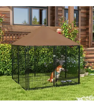 Perrera con Toldo y Soporte Giratorio para Comida 2 Cuencos Incluidos 141x141x151 cm Negro