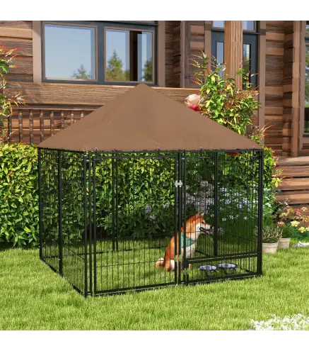 Perrera con Toldo y Soporte Giratorio para Comida 2 Cuencos Incluidos 141x141x151 cm Negro