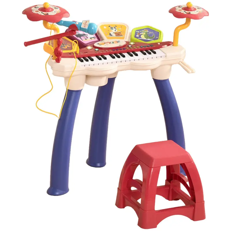 Juego de Piano 2 en 1 con Micrófono Luces 19 Canciones Batería y Volumen Ajustable 74x32,2x71cm Multicolor
