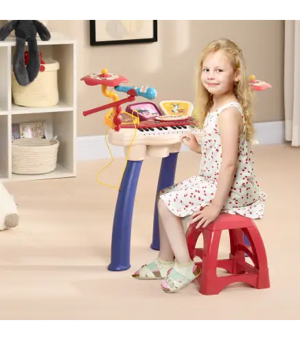Juego de Piano 2 en 1 con Micrófono Luces 19 Canciones Batería y Volumen Ajustable 74x32,2x71cm Multicolor