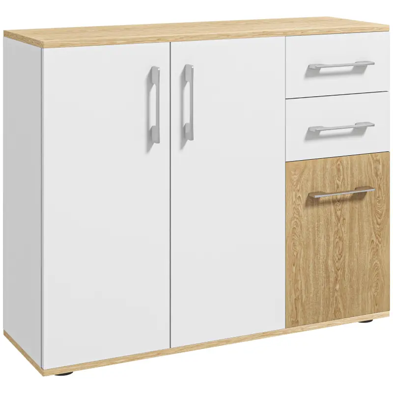 Aparador de Cocina con 2 Cajones 2 Armarios y Estantes Ajustables para Comedor 90x30x75,5 cm Blanco y Natural