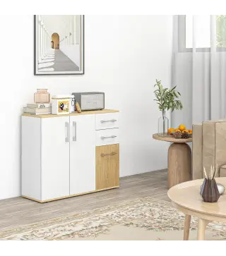 Aparador de Cocina con 2 Cajones 2 Armarios y Estantes Ajustables para Comedor 90x30x75,5 cm Blanco y Natural