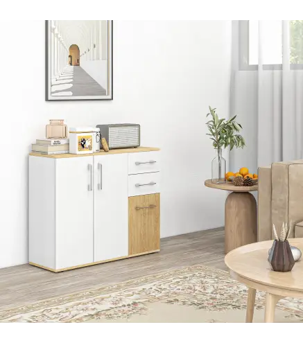 Aparador de Cocina con 2 Cajones 2 Armarios y Estantes Ajustables para Comedor 90x30x75,5 cm Blanco y Natural