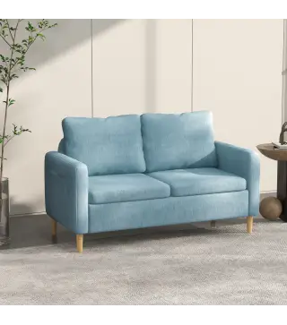 Sofá de 2 Plazas Tapizado en Poliéster con 2 Bolsillos Laterales Reposabrazos y Patas de Madera 143x76x83 cm Azul Claro