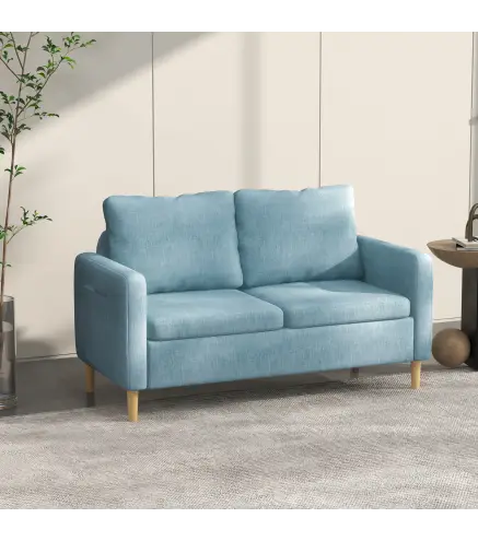 Sofá de 2 Plazas Tapizado en Poliéster con 2 Bolsillos Laterales Reposabrazos y Patas de Madera 143x76x83 cm Azul Claro