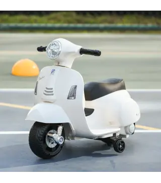 Motocicleta Infantil con Faro Bocina y 4 Ruedas Moto Eléctrica Vespa para Niños con Licencia 66,5x38x52 cm Blanco