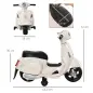 Motocicleta Infantil con Faro Bocina y 4 Ruedas Moto Eléctrica Vespa para Niños con Licencia 66,5x38x52 cm Blanco