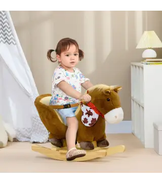 Caballo Balancín Infantil con Sonidos de Animal Cinturón de Seguridad Manillar y Reposapiés Carga 40 kg 60x33x50 cm Café