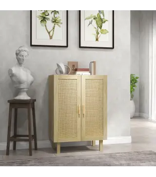 Armario de Salón con 2 Puertas de Rejilla y Estantes Ajustables Aparador de Estilo Bohemio 73x41x102 cm Natural