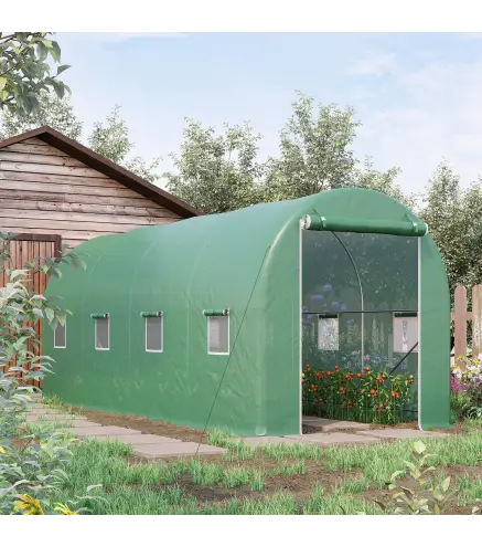 Invernadero de Túnel 500x200x205 cm Invernadero de Jardín con Puerta Enrollable y 8 Ventanas Cubierta PE 140 g/m² Verde