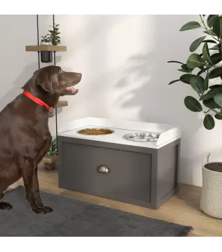 Comedero Elevado para Perros Grandes con 2 Cuencos de 2000 ml de Acero Inoxidable y 1 Cajón 63x30x36 cm Gris y Blanco