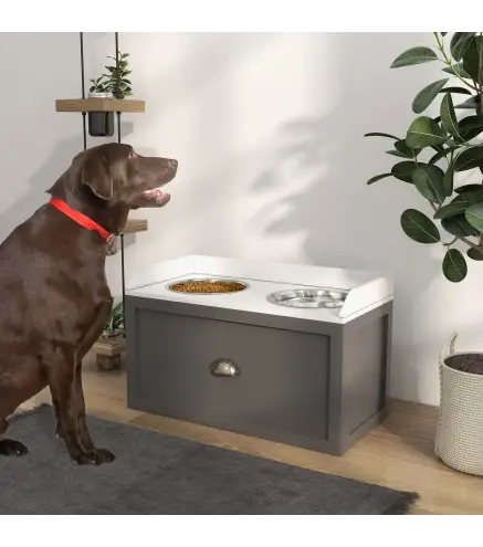 Comedero Elevado para Perros Grandes con 2 Cuencos de 2000 ml de Acero Inoxidable y 1 Cajón 63x30x36 cm Gris y Blanco