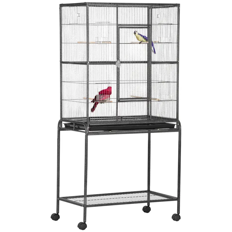 Jaula para Pájaros con Ruedas Pajarera Metálica con Perchas Comederos y Estante 81x48x162,5 cm Negro y Gris