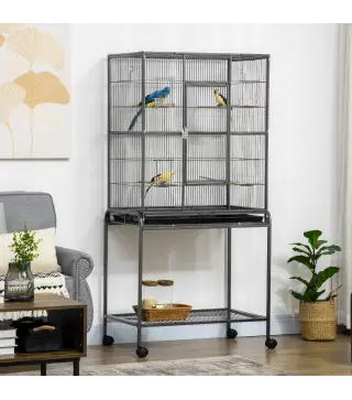 Jaula para Pájaros con Ruedas Pajarera Metálica con Perchas Comederos y Estante 81x48x162,5 cm Negro y Gris